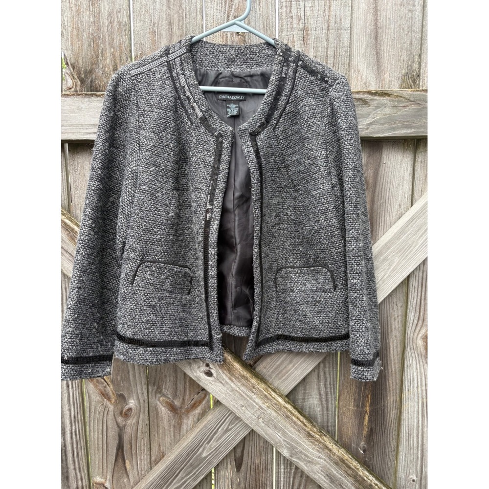 Cynthia Rowley Grey Tweed Sequin Trim Open Front Wool Blend Jacket Blazer Large